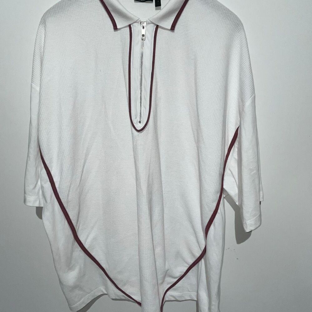 ASOS Design Men's White Relaxed Waffle Quarter Zip Short Sleeve Polo Shirt Large